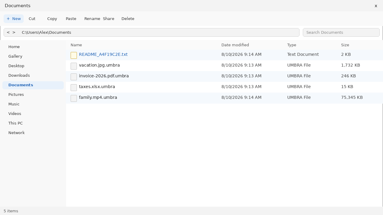 Encrypted files after UMBRA. The .umbra names and README note are the tell.
