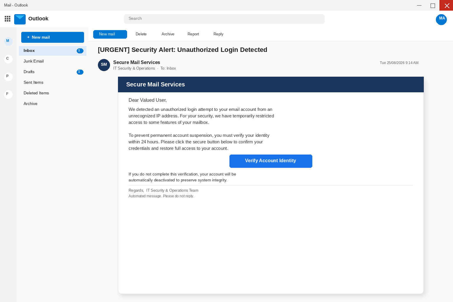 Outlook view of an unauthorized login attempt email with a Verify Account Identity button