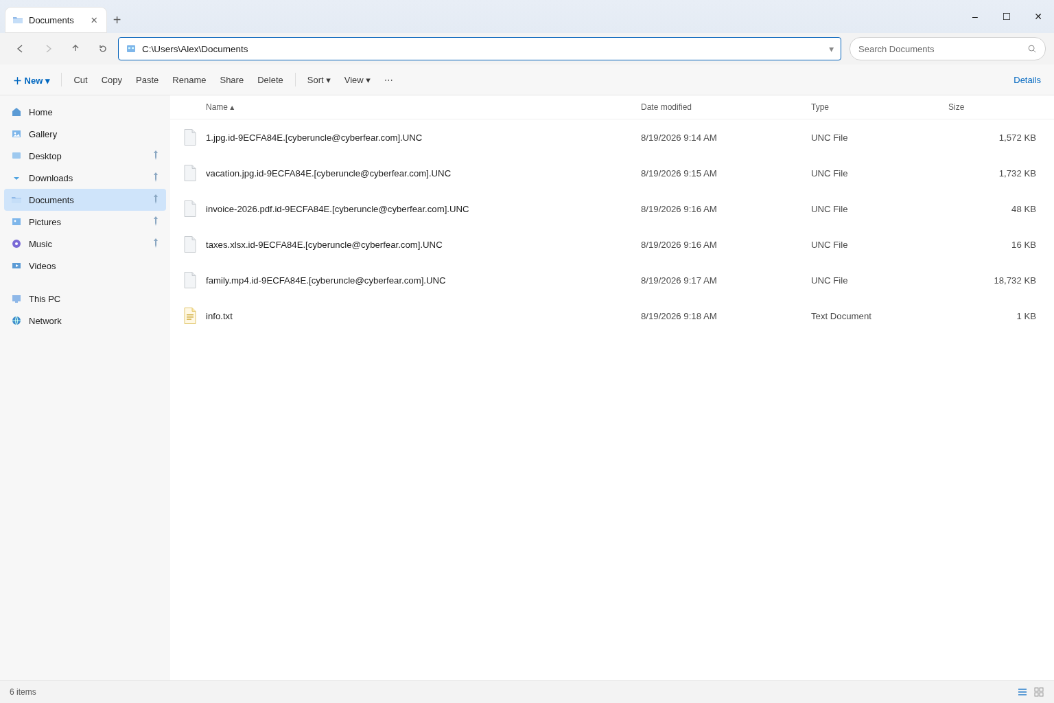 Encrypted files after the UNC locker. The .UNC names and info.txt are the tell.