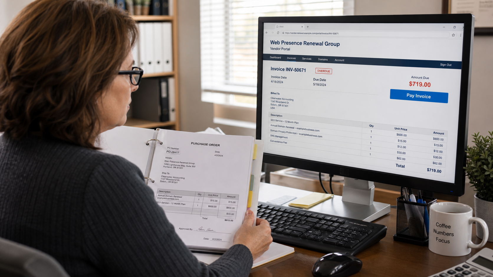 Bookkeeper comparing an unexpected online renewal invoice with the company's purchase order records