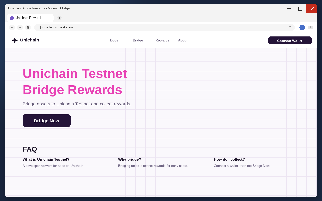 Unichain Rewards EXPOSED: Fake Bridge Reward Pages Drain Wallets 1 Fake Unichain Rewards page with Bridge Now and Connect Wallet
