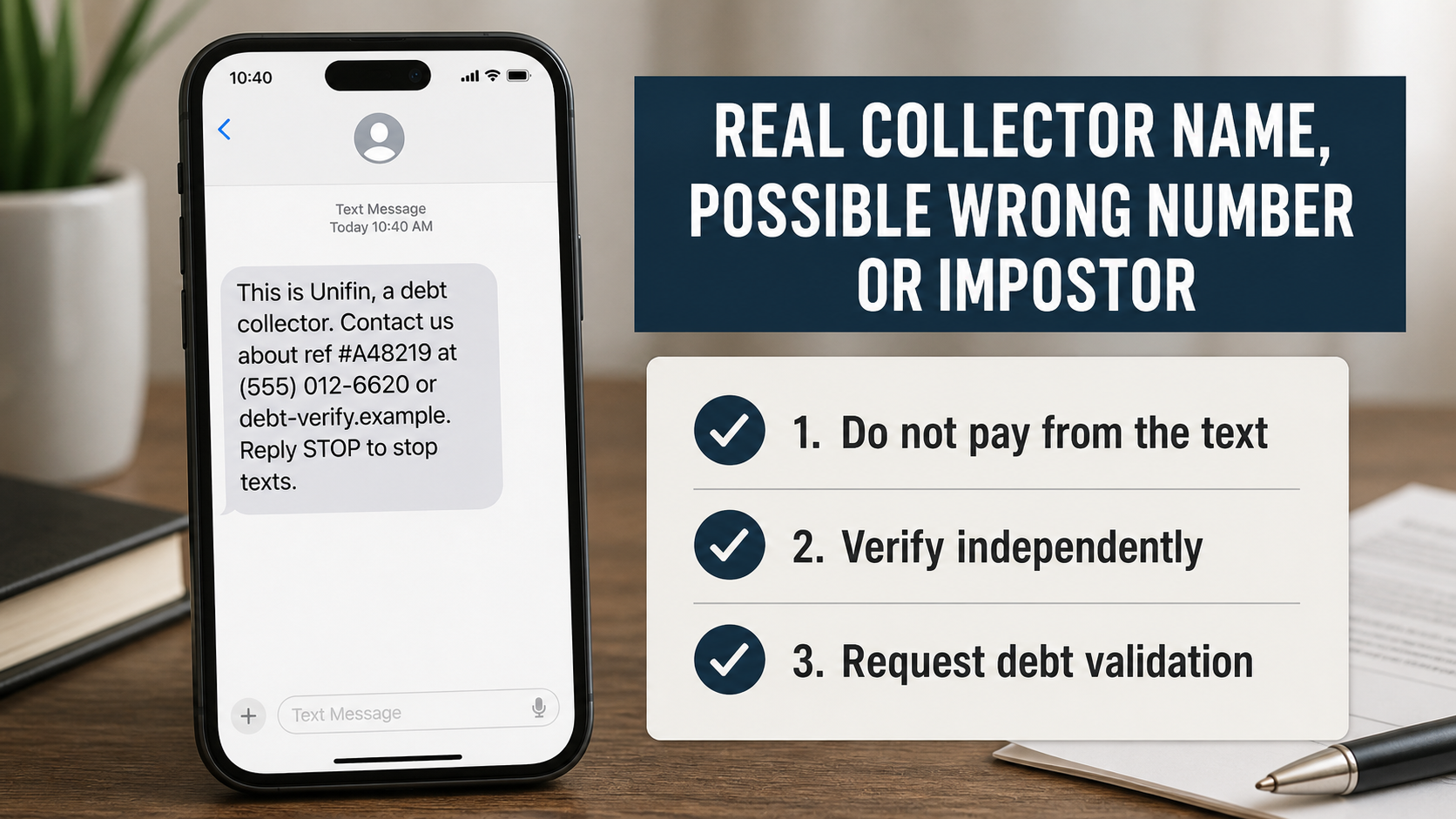 Example of an unexpected Unifin debt collector text and safe verification steps