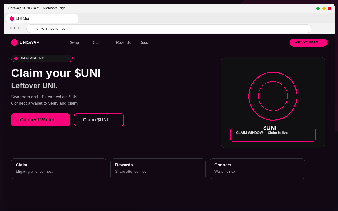 Fake Uniswap $UNI airdrop claim page with Connect Wallet