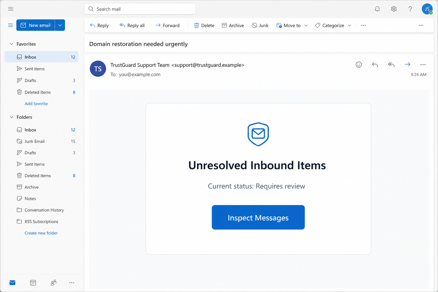 Reconstruction of an Unresolved Inbound Items phishing email