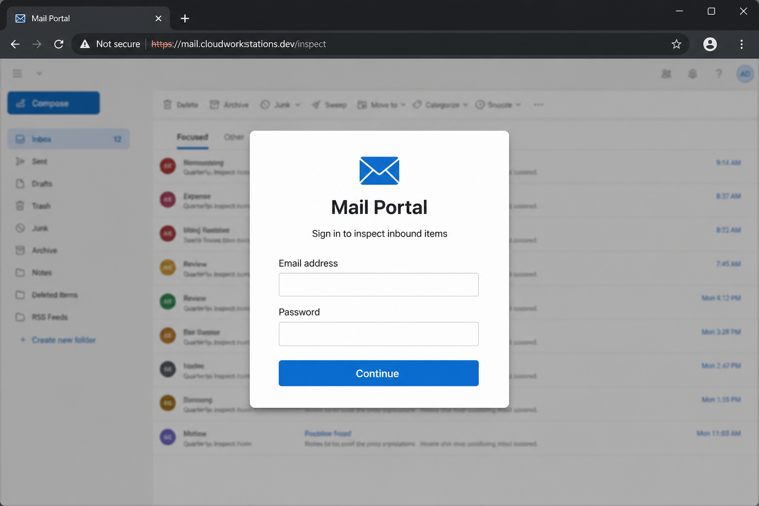 Reconstruction of the fake mail portal used by the inbound items scam