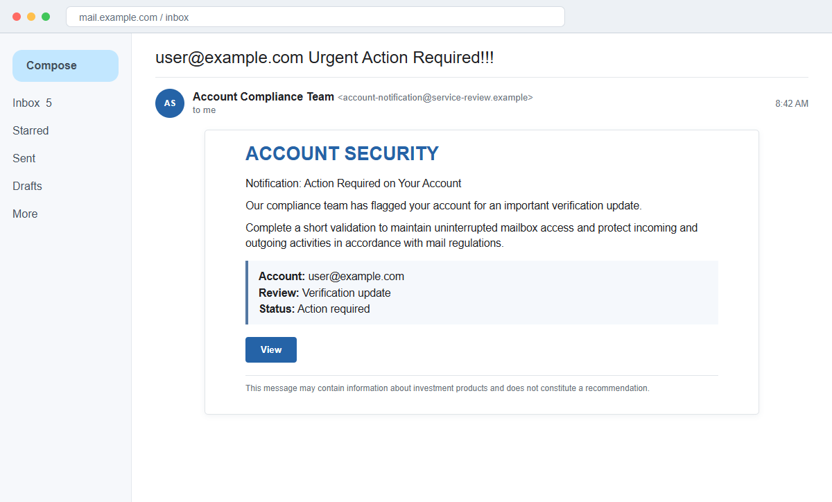 Reconstruction of an urgent account verification phishing email with a View button