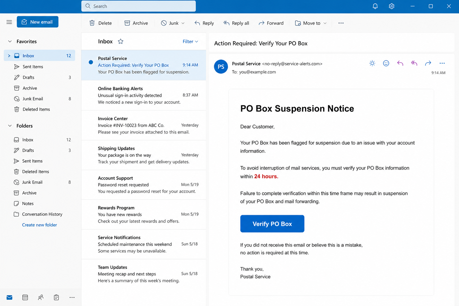USPS PO Box suspension email deceptive email example