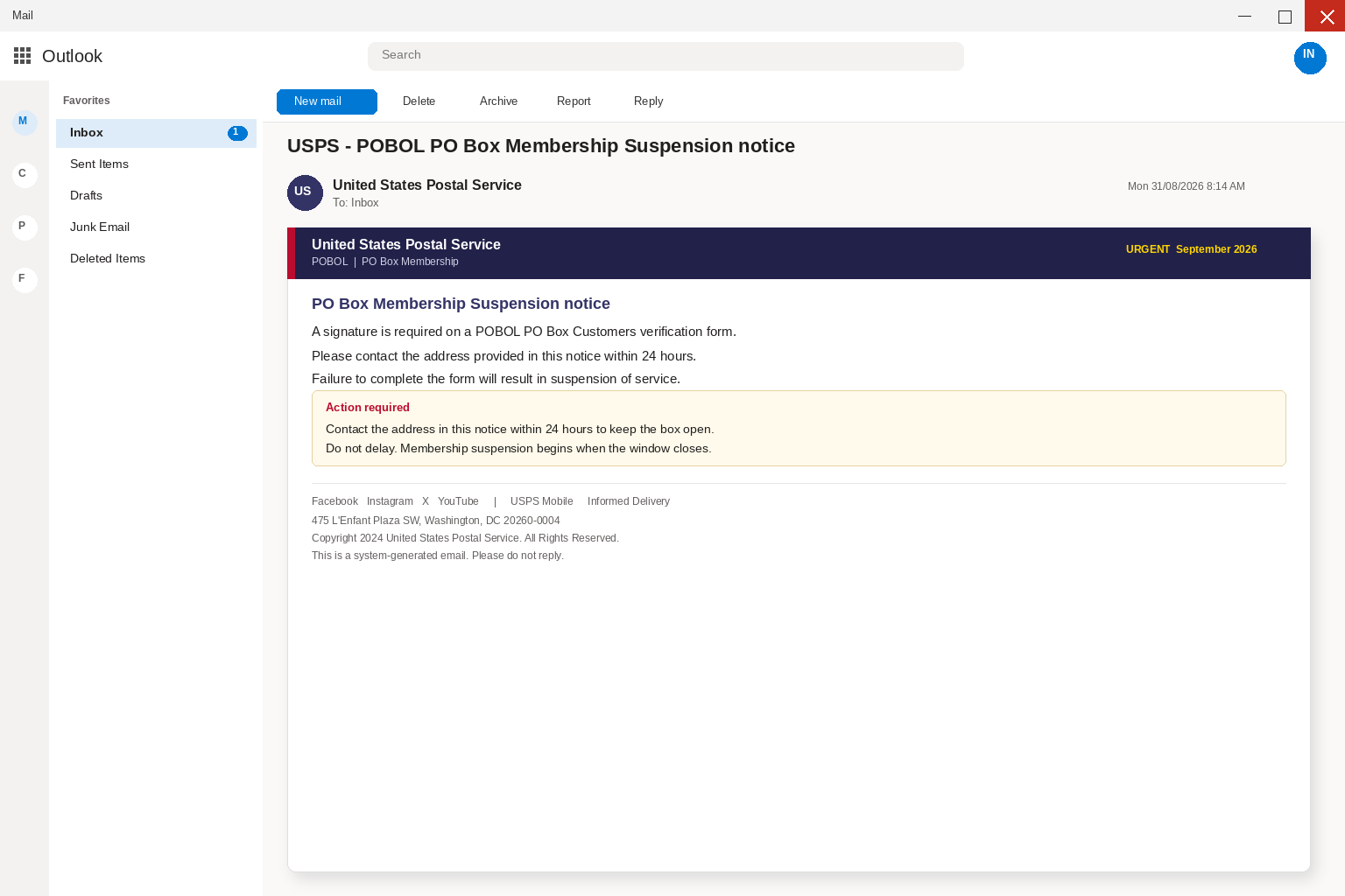 USPS PO Box suspension email warning screenshot