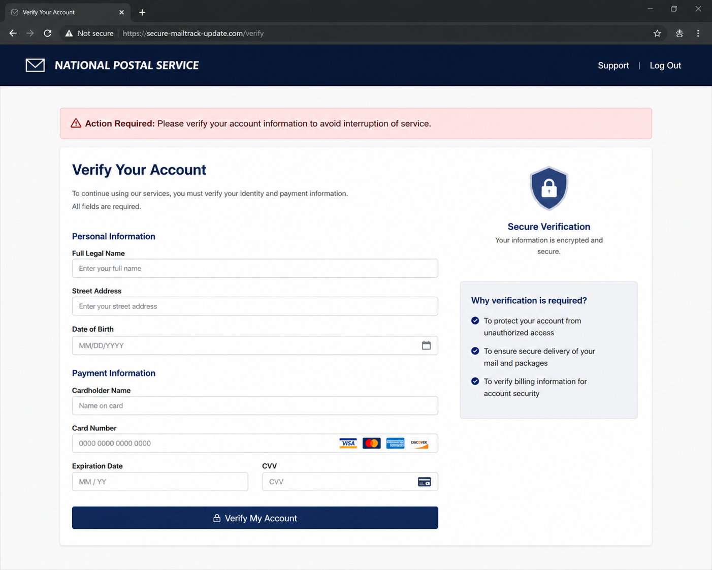 USPS PO Box suspension email malicious destination example