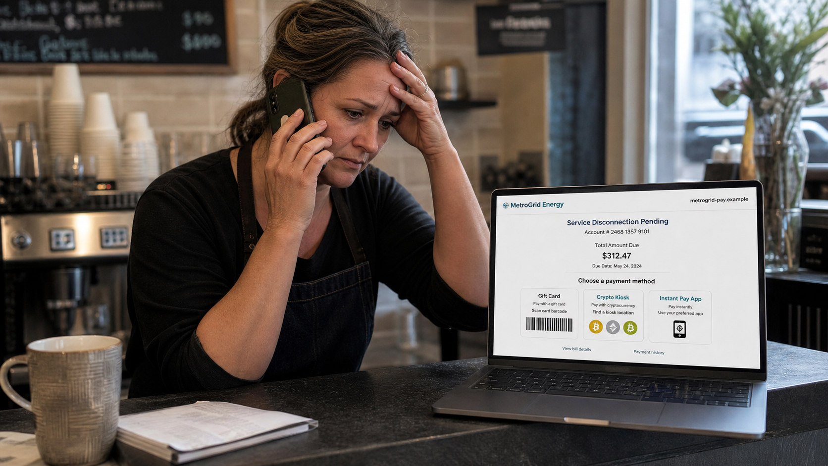 Urgent Utility Shutoff Call Scam Demands Immediate and Irreversible Payment 2 Stressed cafe owner facing a fake utility disconnection portal with unusual payment methods