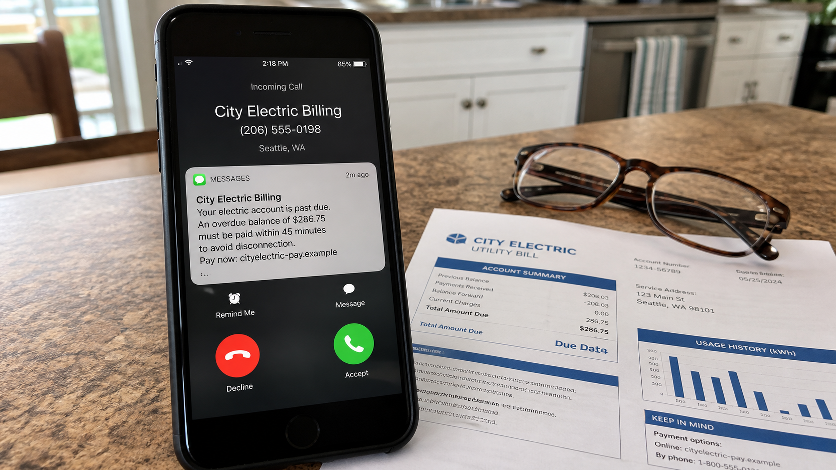 Urgent Utility Shutoff Call Scam Demands Immediate and Irreversible Payment 1 Realistic incoming utility impostor call and shutoff text beside a paper electric bill