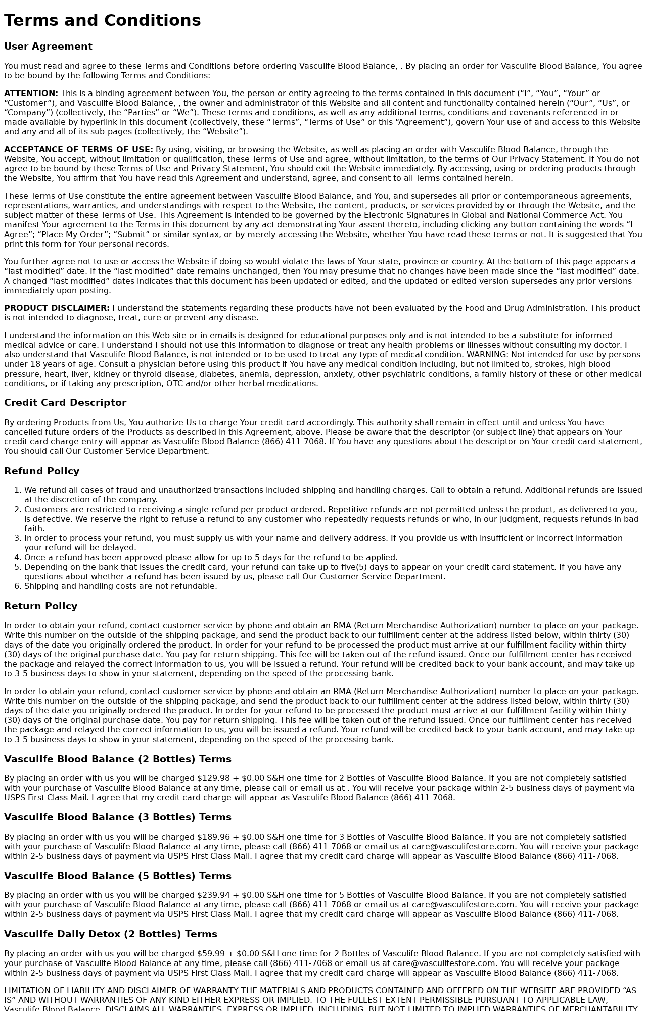 Vasculife Blood Balance Exposed: Fake or Real? Full Investigation 3 Vasculife Blood Balance terms showing future order language, one-time package prices, and return conditions