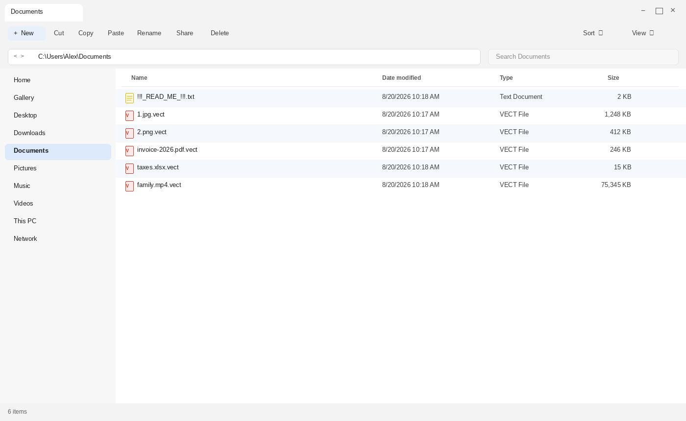 Encrypted files after Vect. The .vect names and !!!_READ_ME_!!!.txt are the tell.