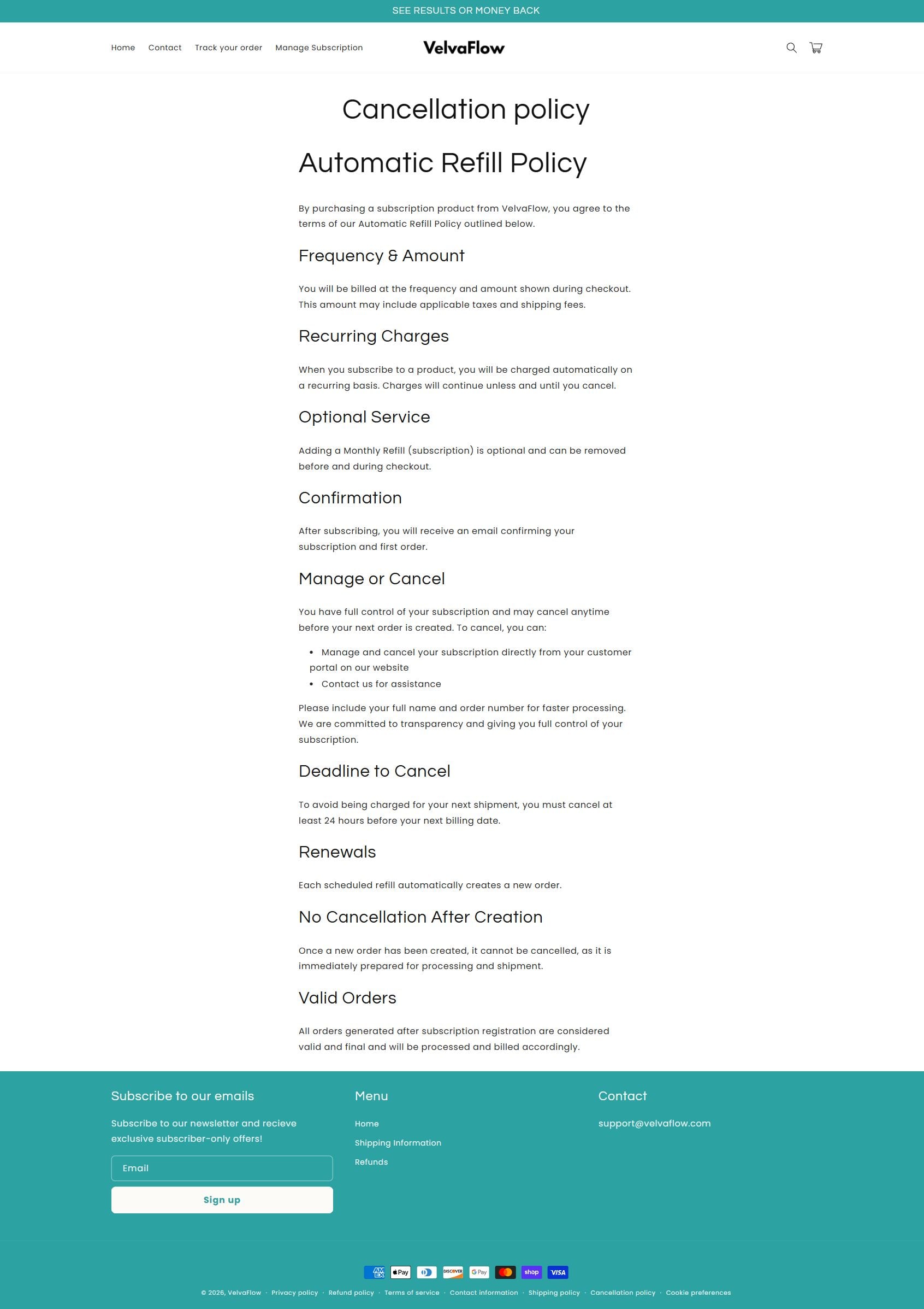 VelvaFlow Lung Cleansing Spray Review: Subscription Warning 3 VelvaFlow Automatic Refill Policy explaining recurring charges and cancellation deadline