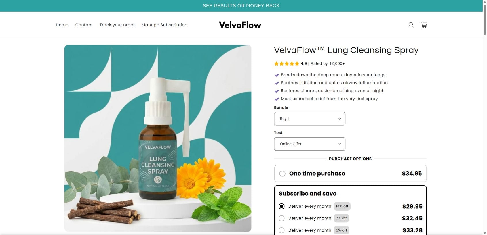 VelvaFlow Lung Cleansing Spray Review: Subscription Warning 1 VelvaFlow Lung Cleansing Spray product page showing one-time and monthly subscription purchase options