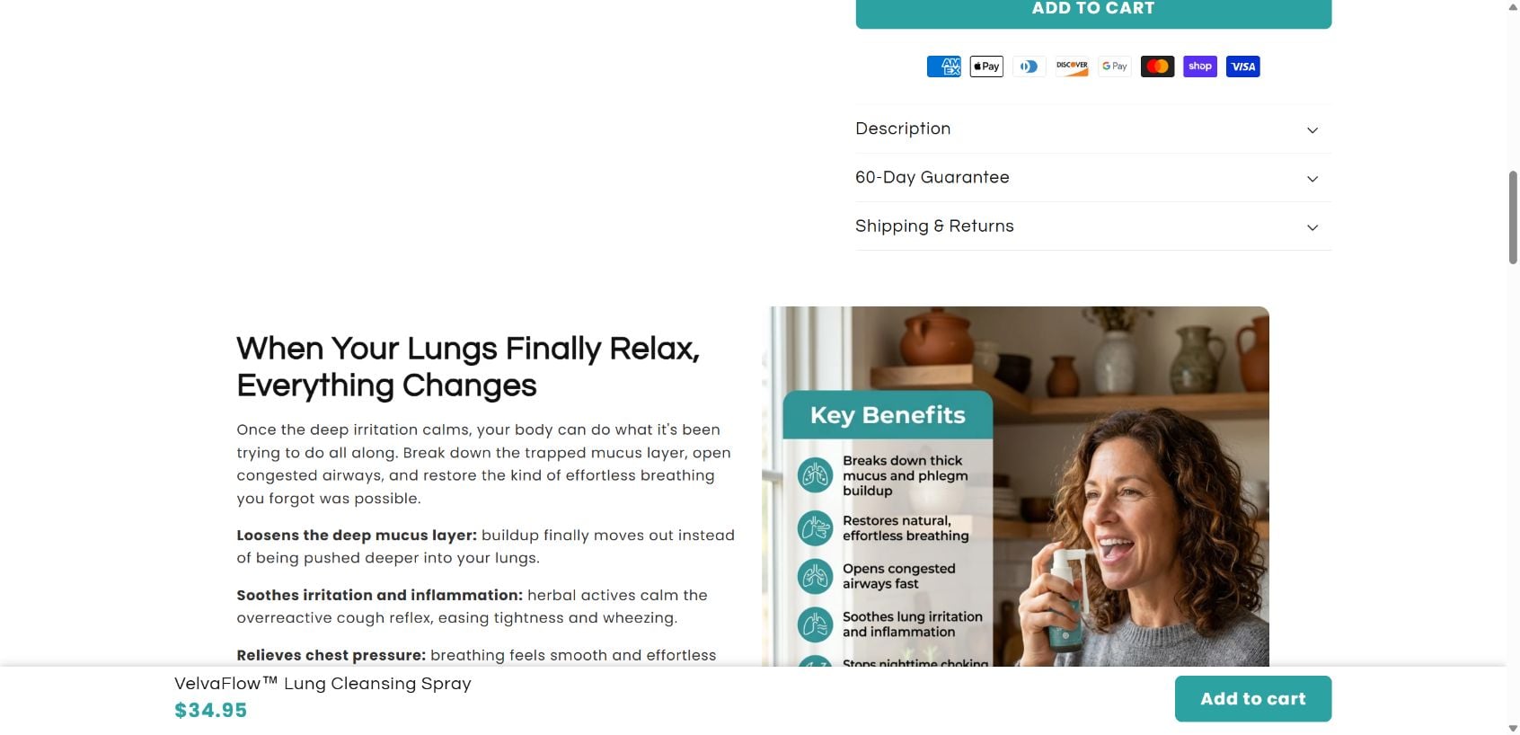 VelvaFlow Lung Cleansing Spray Review: Subscription Warning 2 VelvaFlow sales page claiming the spray breaks down mucus and soothes lung irritation and inflammation