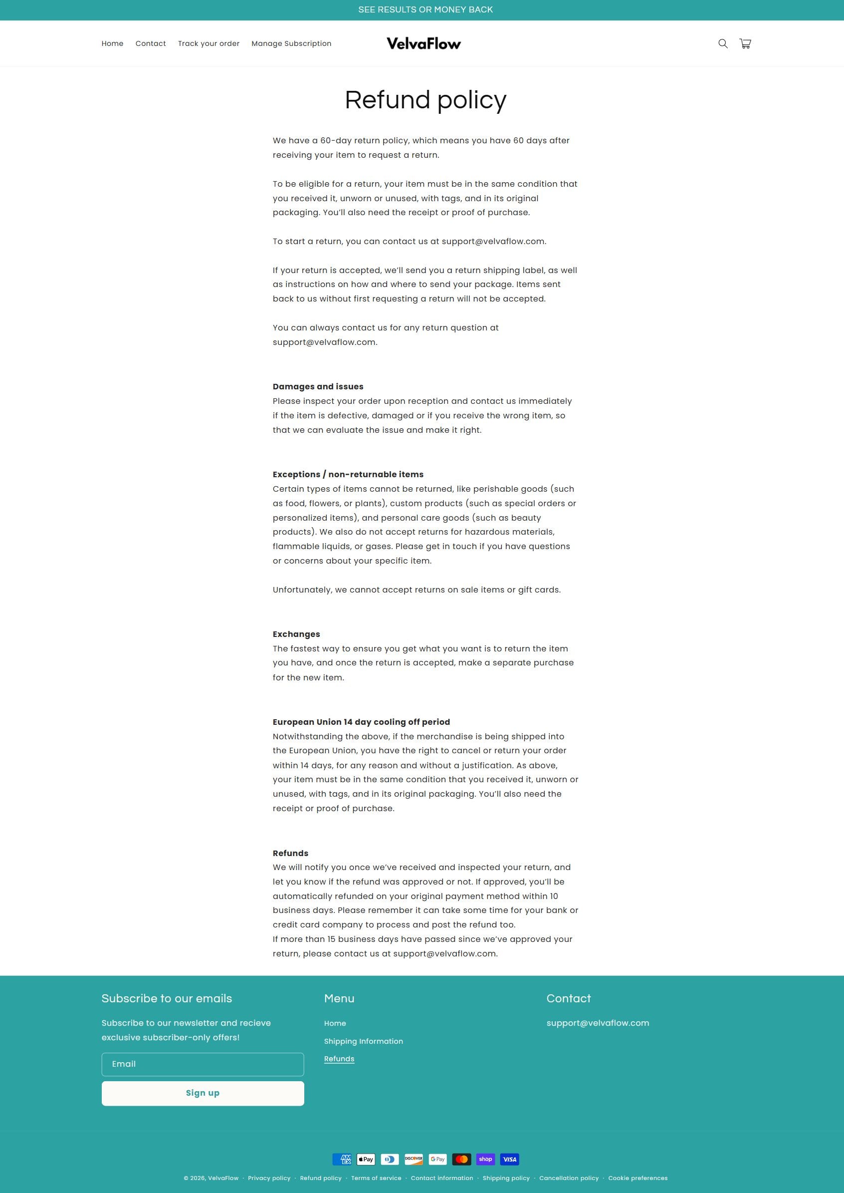 VelvaFlow Lung Cleansing Spray Review: Subscription Warning 4 VelvaFlow refund policy requiring unused original condition and excluding some personal care and sale items
