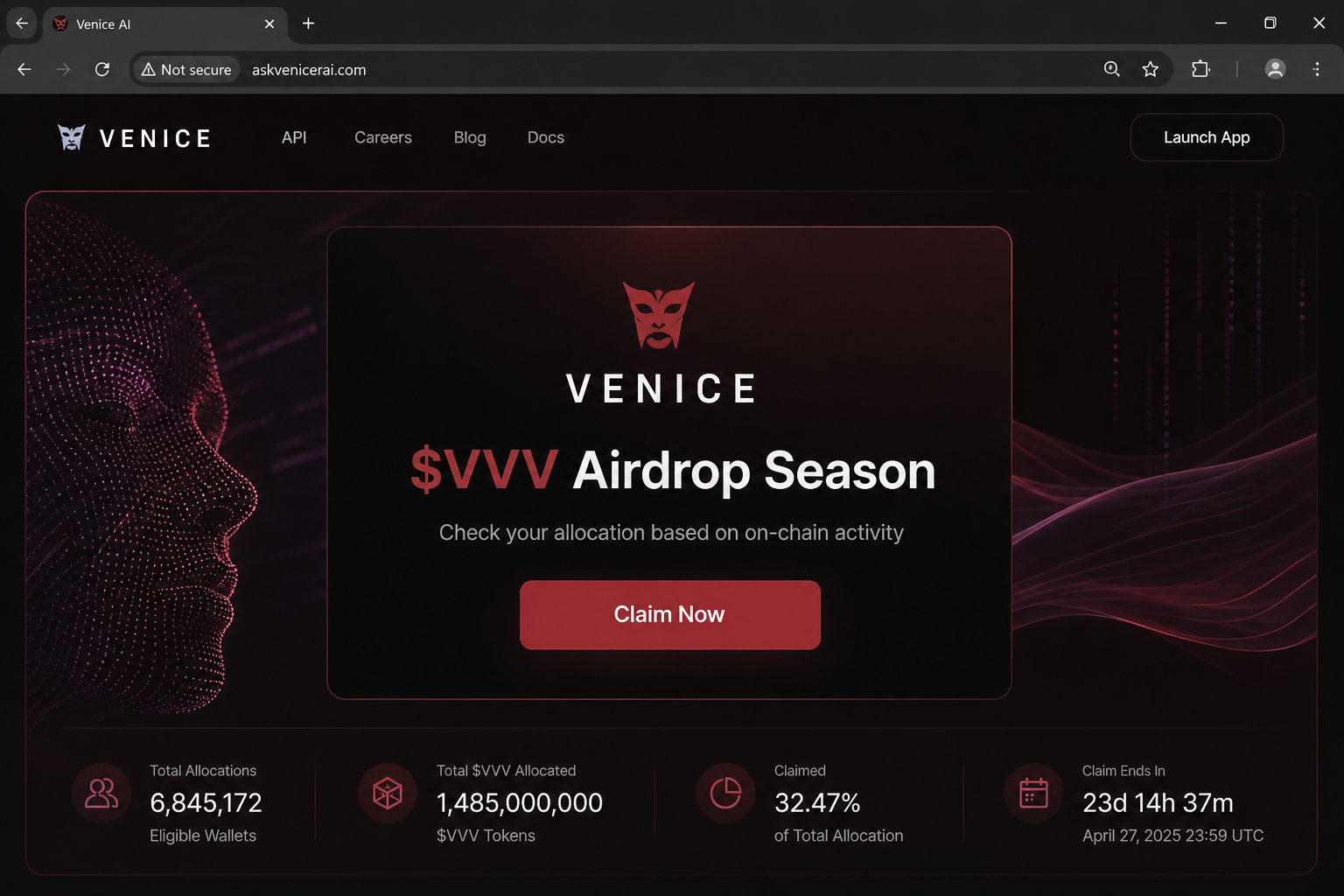 Fake Venice $VVV airdrop claim page with Claim Now