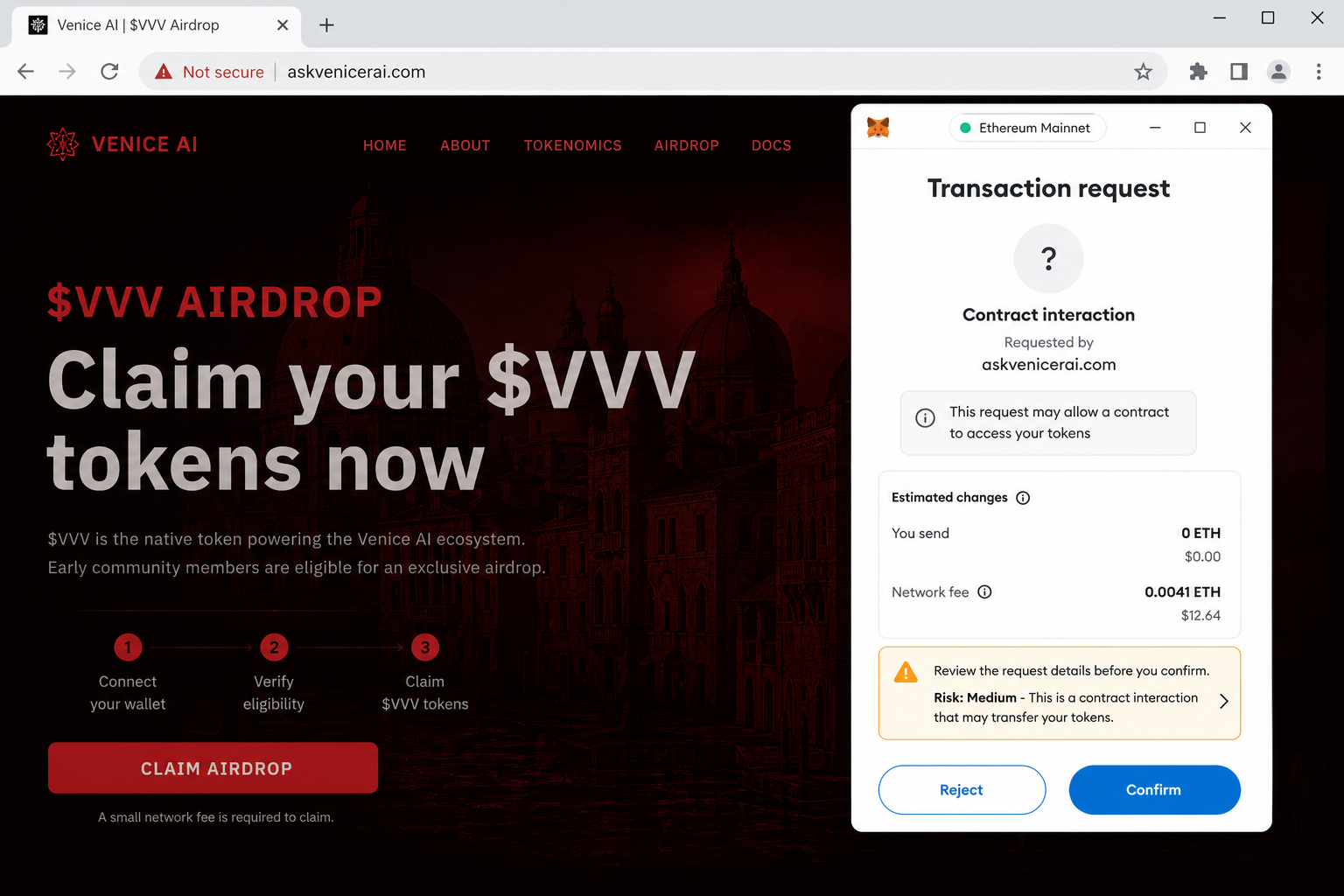 Fake Venice wallet approval dialog requesting a contract interaction