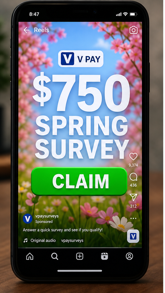 $750 Venmo Spring Survey Scam: Fake Reward Funnel 1 Reconstruction of a $750 spring survey social media advertisement
