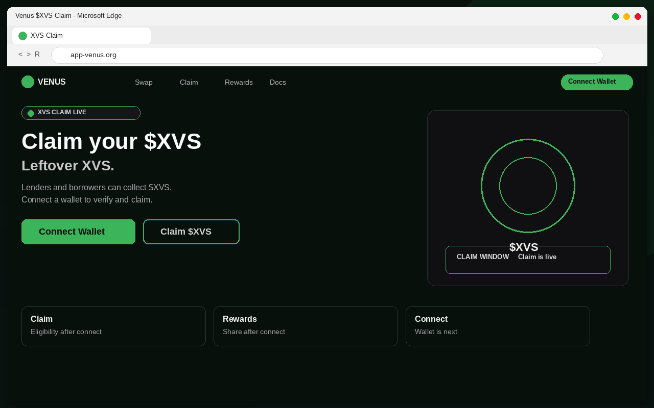 Venus Airdrop EXPOSED: Fake $XVS Claim Pages Drain Wallets 1 Fake Venus $XVS airdrop claim page with Connect Wallet