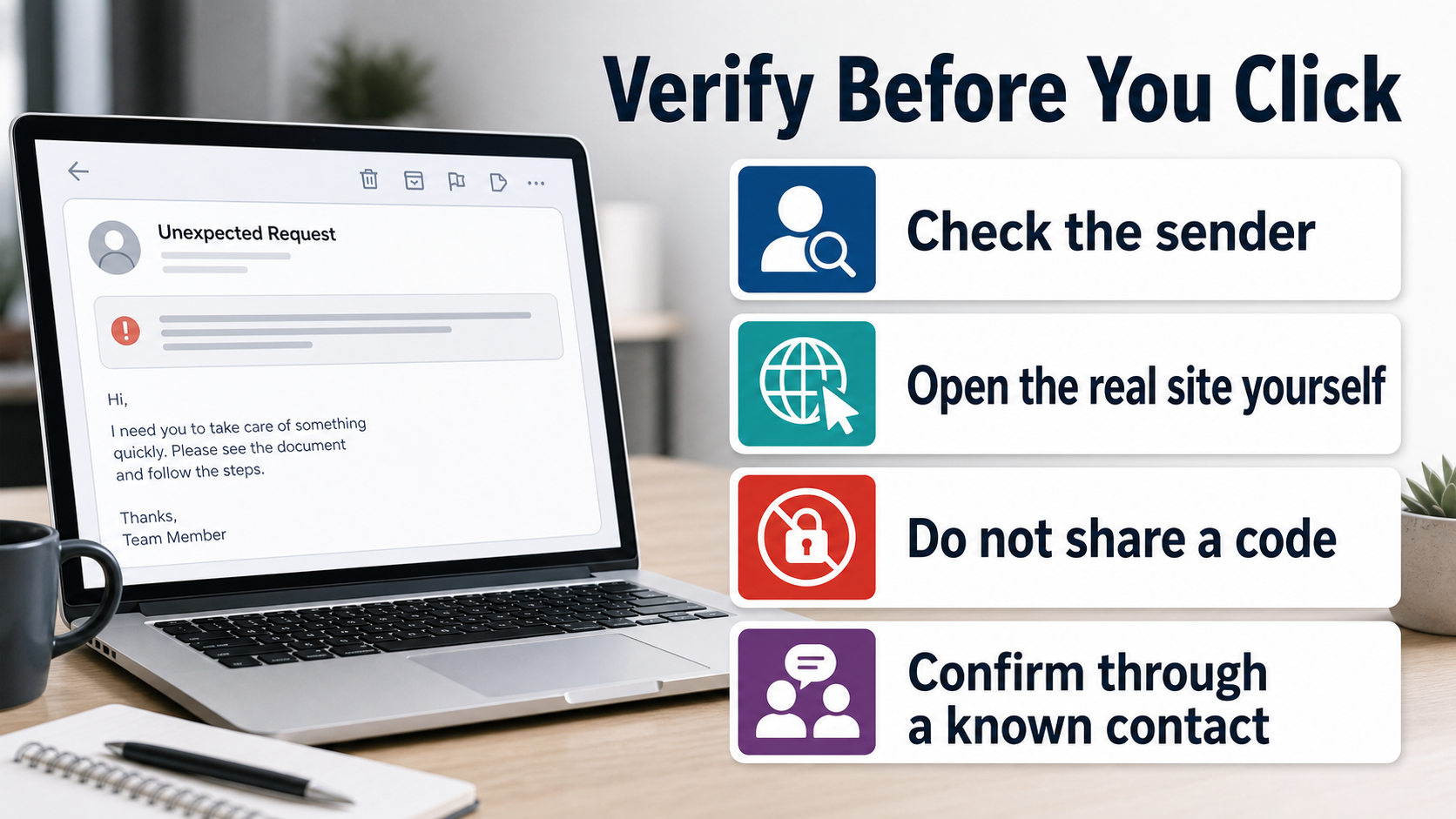 Editorial checklist for verifying an unexpected email before clicking a link or sharing a code