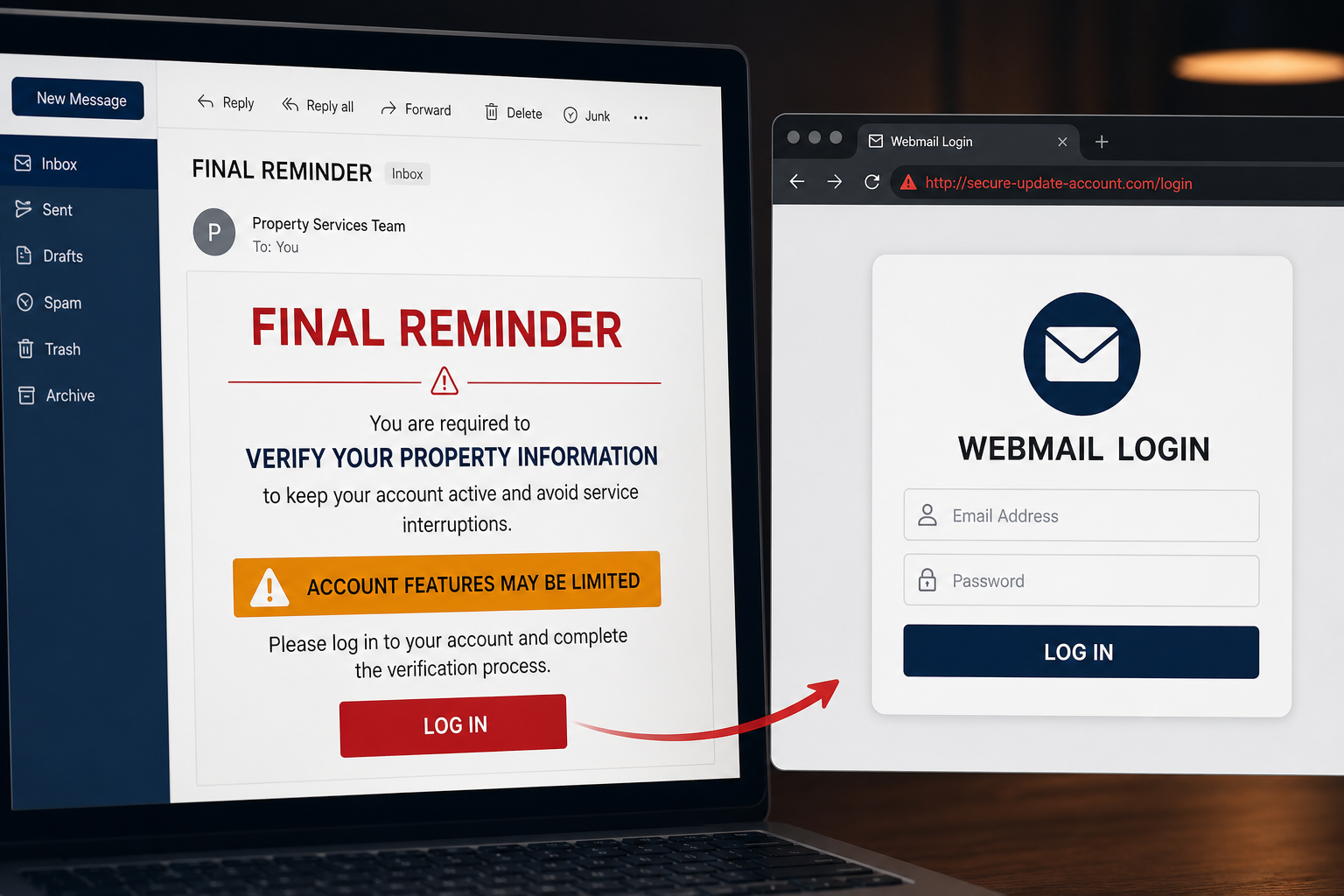 Verify Your Email Property Information Scam: The Final Reminder Is Phishing 1 Verify Your Email Property Information scam leading to a fake webmail login