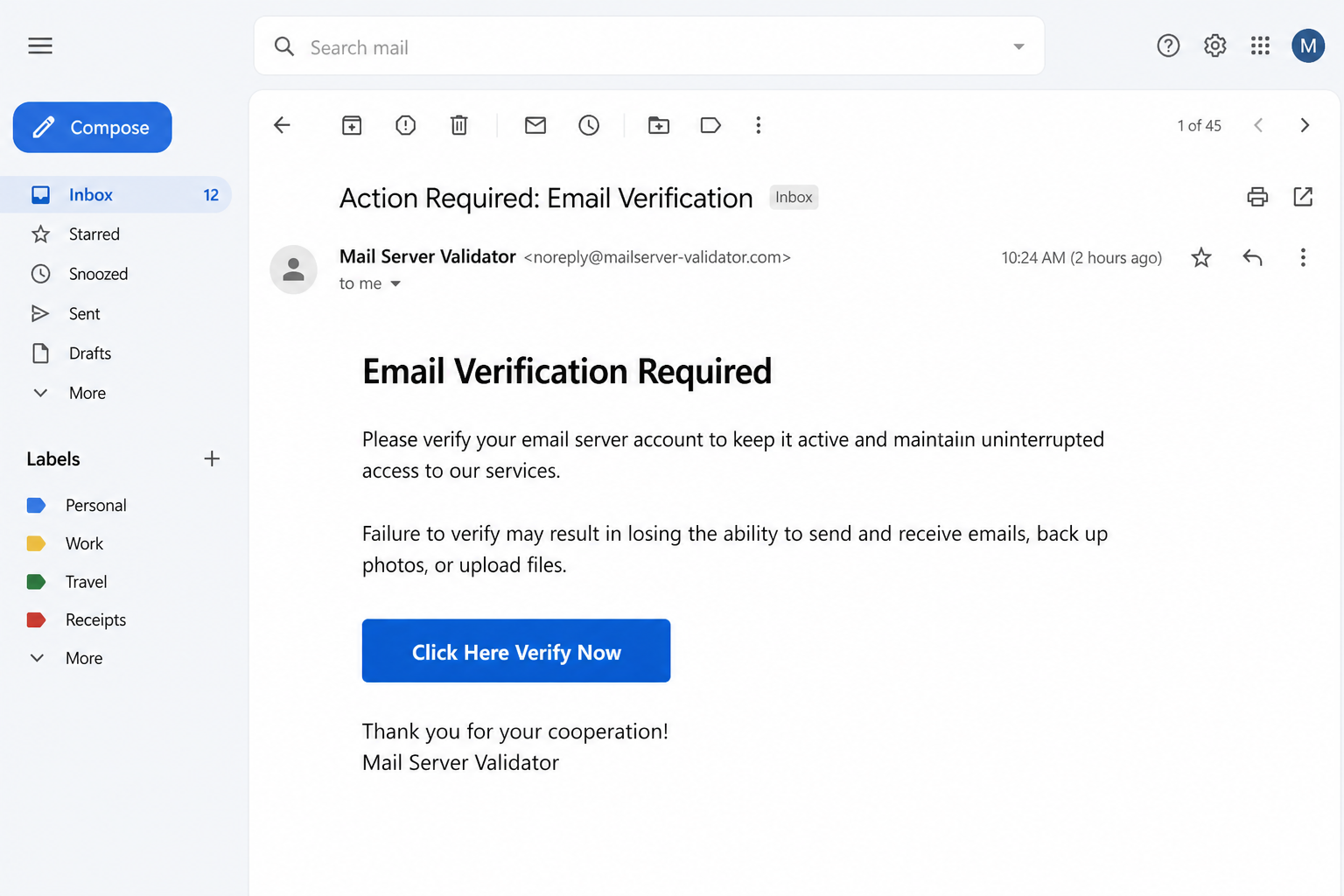 Inbox view of an Action Required Email Verification message from Mail Server Validator with a blue Click Here Verify Now button
