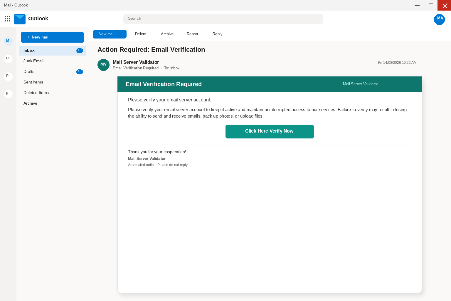 Outlook view of an Action Required Email Verification message from Mail Server Validator with a Click Here Verify Now button