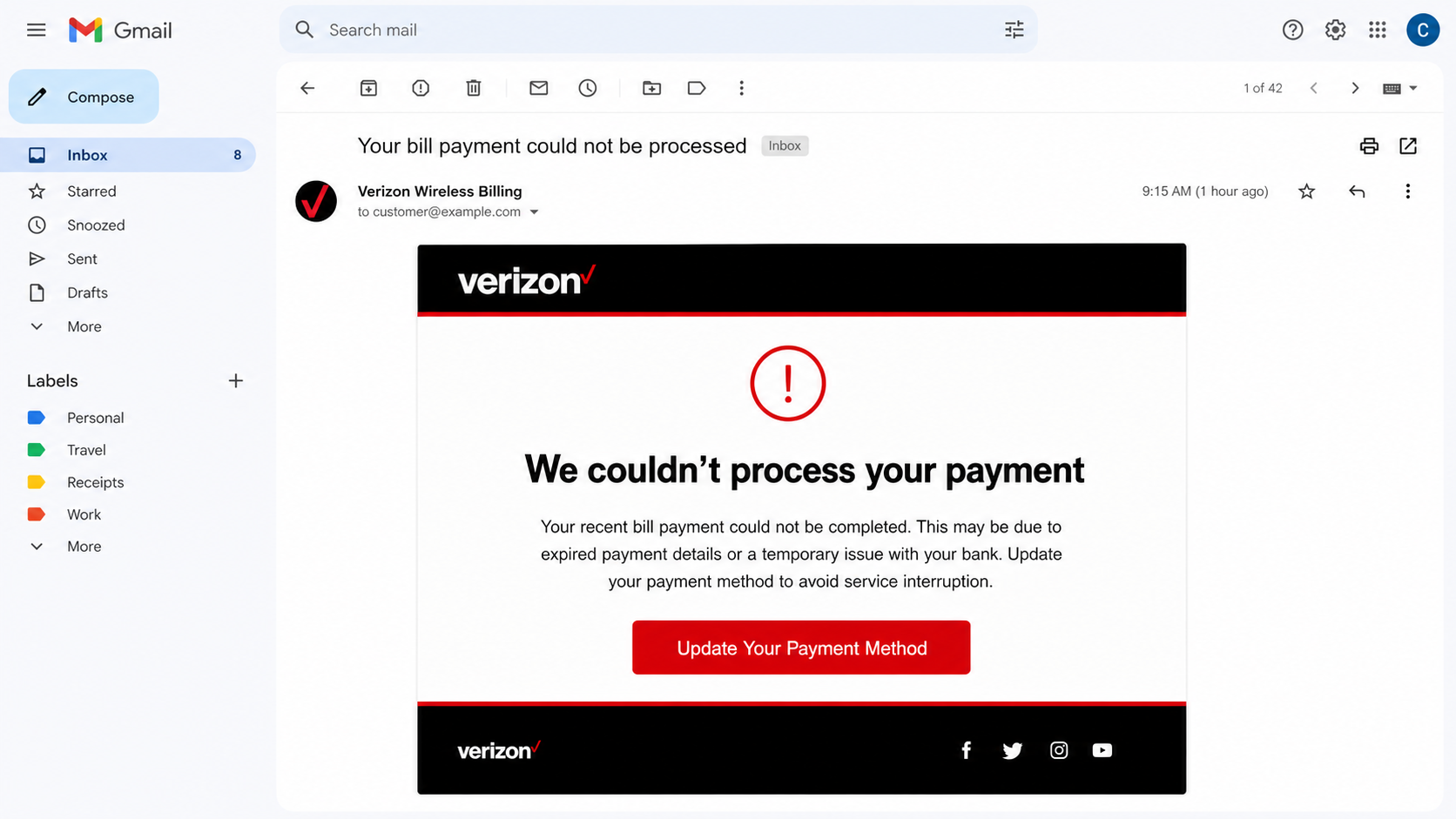 Reconstructed Verizon Bill Payment phishing email