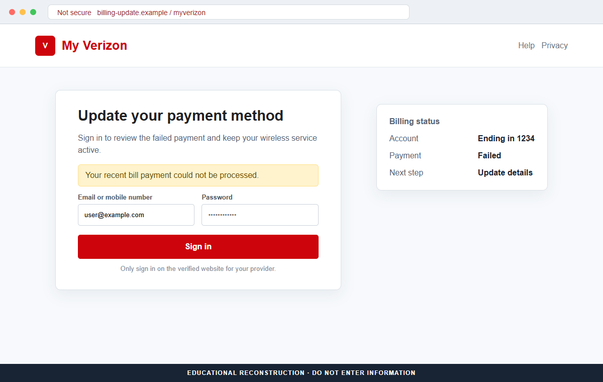 Reconstruction of a fake My Verizon payment update page designed to steal login details