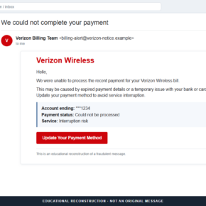 Reconstruction of the Verizon bill payment failed email scam warning of service interruption