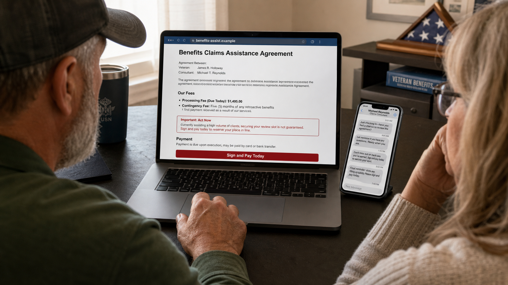 Veterans Benefits Application Help Scam Demands Illegal Fees From Vets 2 Veteran and spouse reviewing a fictional claims assistance contract demanding a large upfront fee