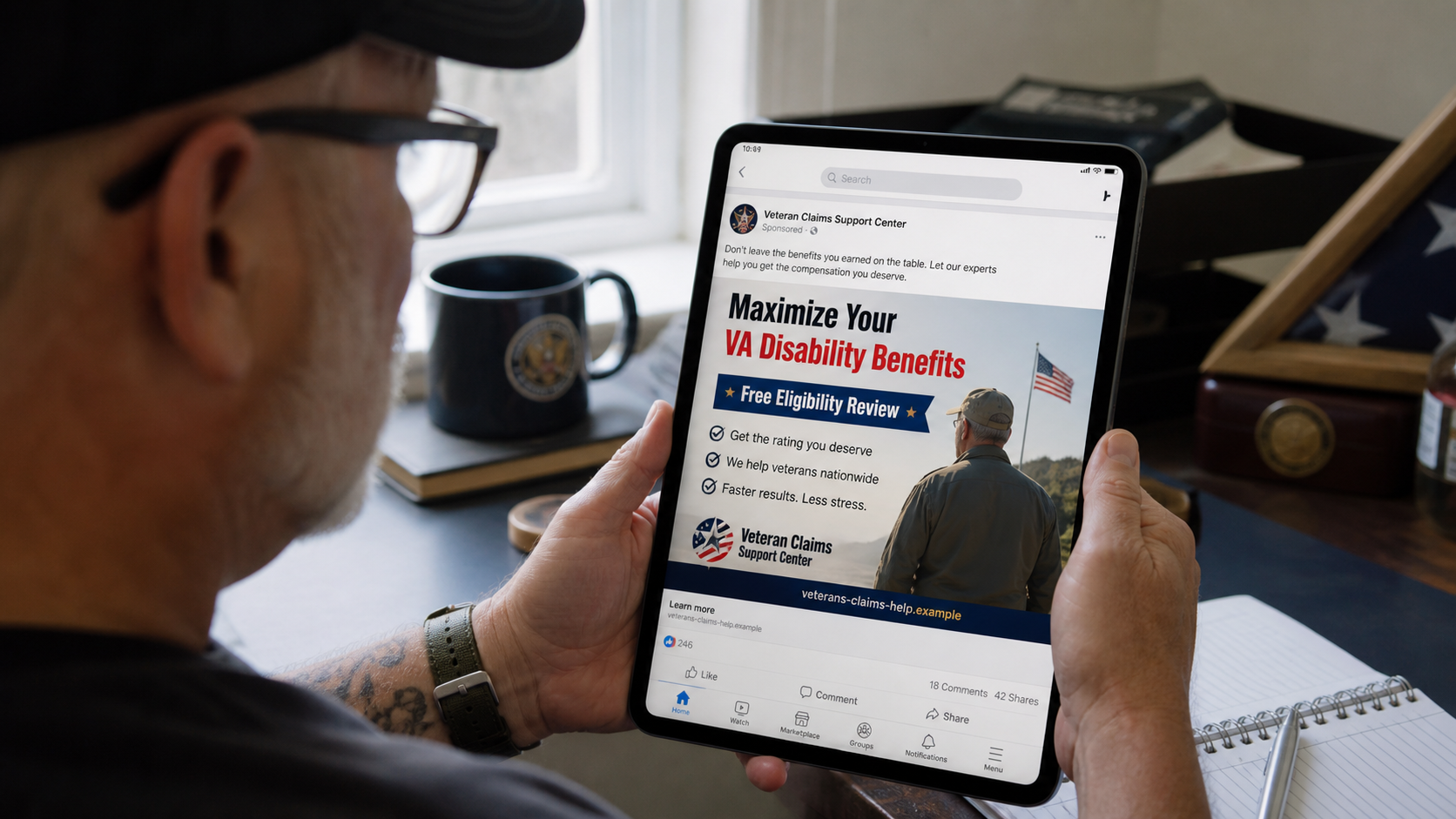 Veterans Benefits Application Help Scam Demands Illegal Fees From Vets 1 Realistic social media ad promising to maximize a veteran's VA disability benefits