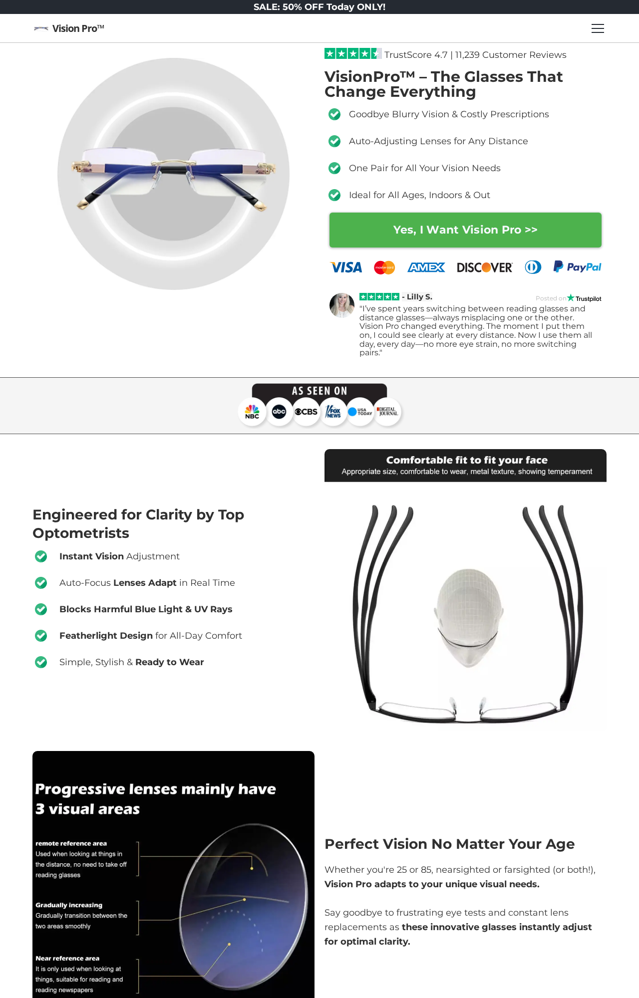 Vision Pro page claiming auto-adjusting lenses, one pair for all distances, and more than 11000 reviews