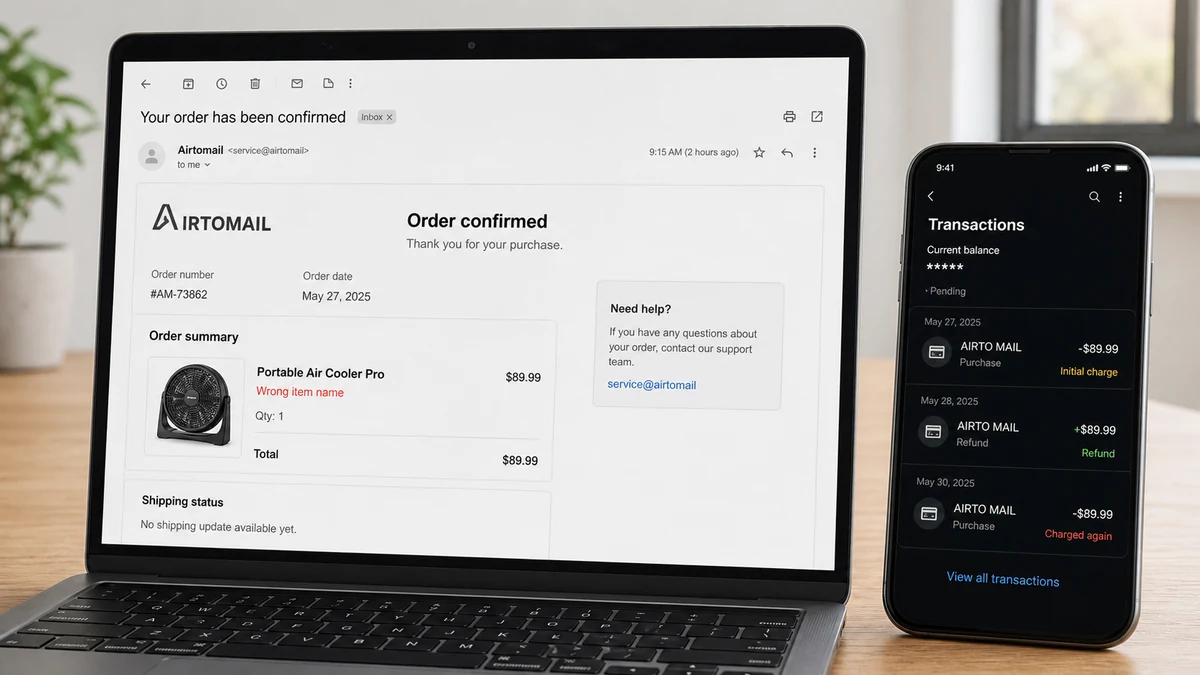 Vornado Canada Store Scam Copies a Trusted Fan Brand 2 Realistic reconstruction of a wrong Vornado order confirmation and banking history showing a charge, refund, and new charge