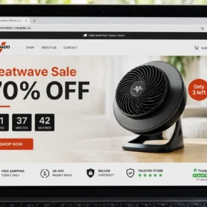 Realistic reconstruction of the vornado-canada.ca lookalike store advertising a deep heatwave discount on a fan