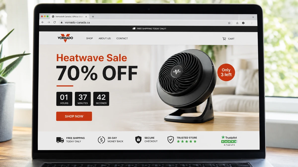 Vornado Canada Store Scam Copies a Trusted Fan Brand 1 Realistic reconstruction of the vornado-canada.ca lookalike store advertising a deep heatwave discount on a fan