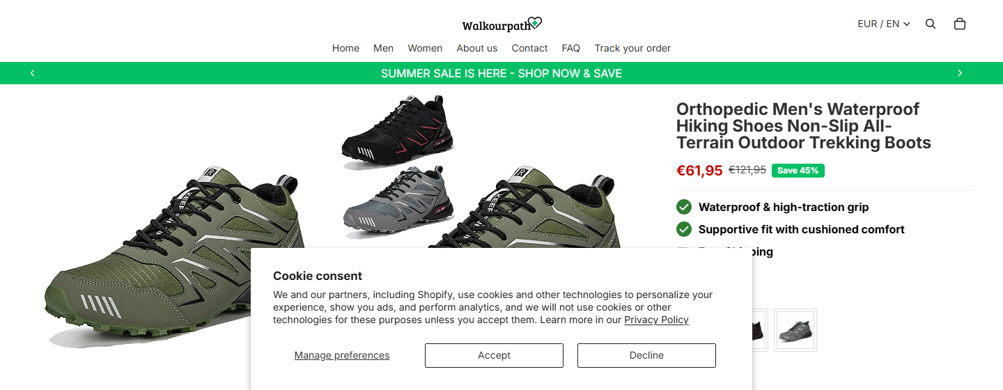WalkOurPath Shoes Complaints: The Refund Trap 1 WalkOurPath shoe product page promoting discounted orthopedic footwear