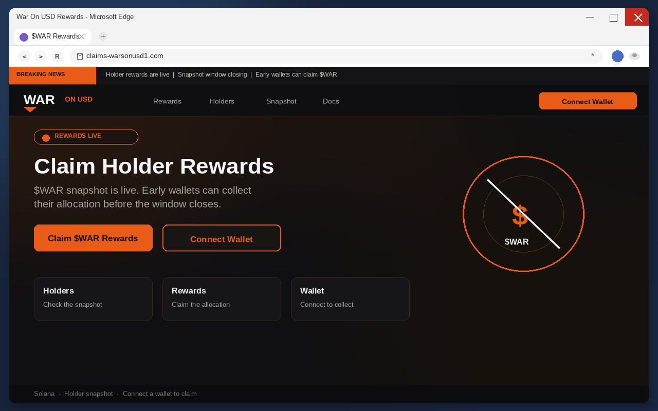 War On USD Rewards EXPOSED: Fake $WAR Claim Pages Drain Wallets 1 Fake War On USD rewards page with Connect Wallet