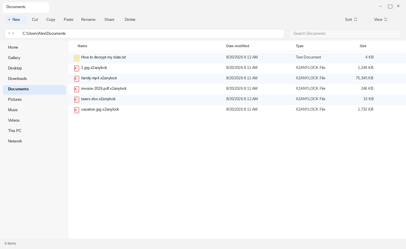Encrypted files after Warlock Group. The .x2anylock names and How to decrypt my data.txt are the tell.
