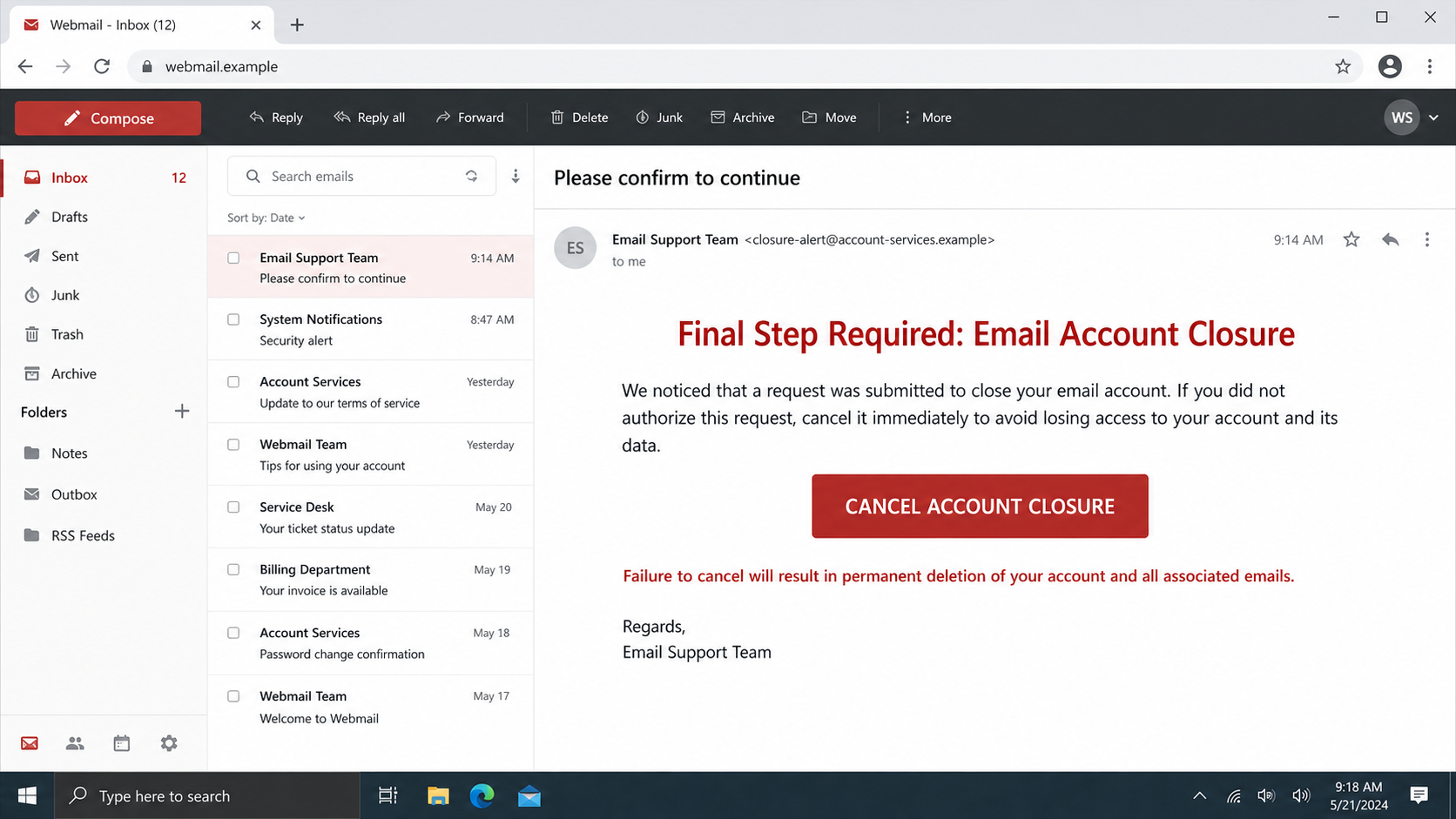 Reconstructed Webmail Email Account Closure phishing message
