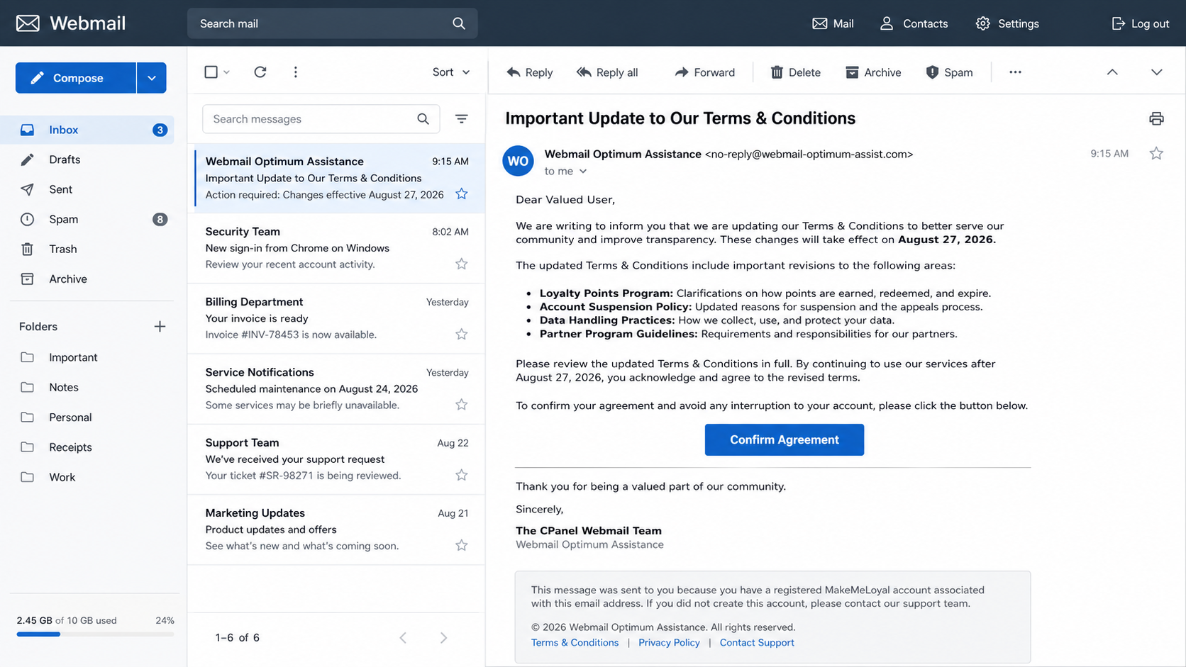 Suspicious webmail policy notice using Optimum and cPanel-style language