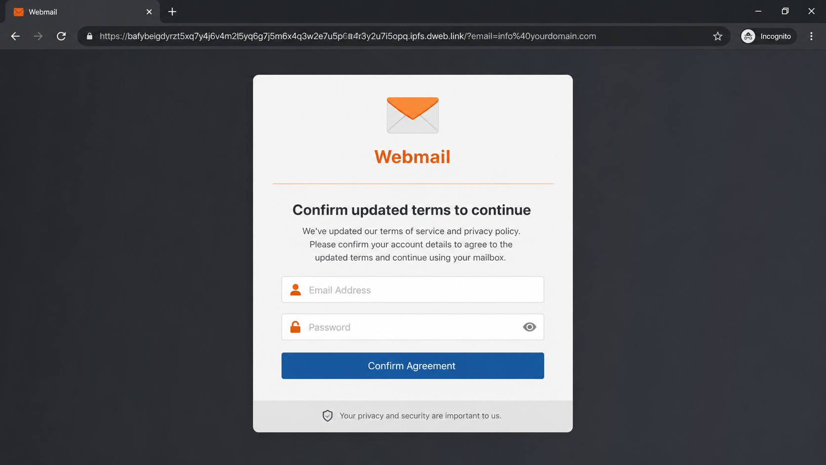 Counterfeit webmail login page shown after a terms-confirmation request
