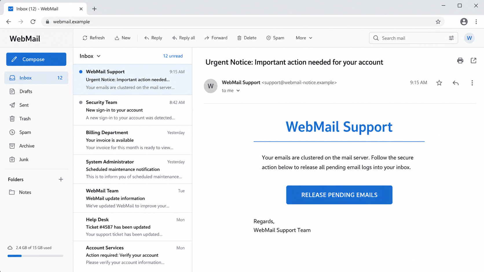 Reconstructed Webmail Support pending messages phishing email