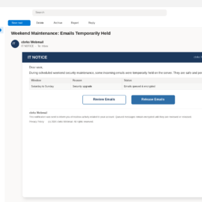 Outlook view of a weekend security maintenance email with Review Emails and Release Emails buttons and a table of queued encrypted mail