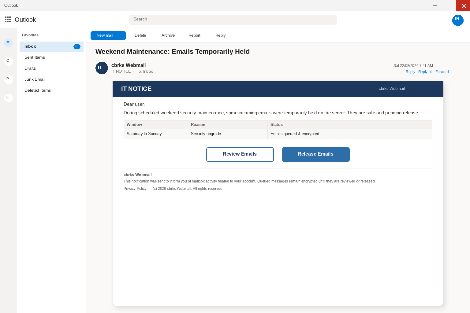 Weekend Security Maintenance Email EXPOSED: Fake Release Buttons Steal Logins 1 Outlook view of a weekend security maintenance email with Review Emails and Release Emails buttons and a table of queued encrypted mail
