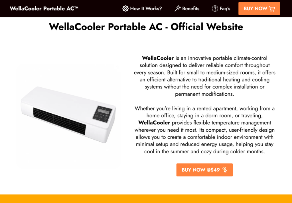 WellaCooler Scam: The Product Changes at Checkout 1 WellaCooler sales page advertising a wall-mounted device as a portable air conditioner