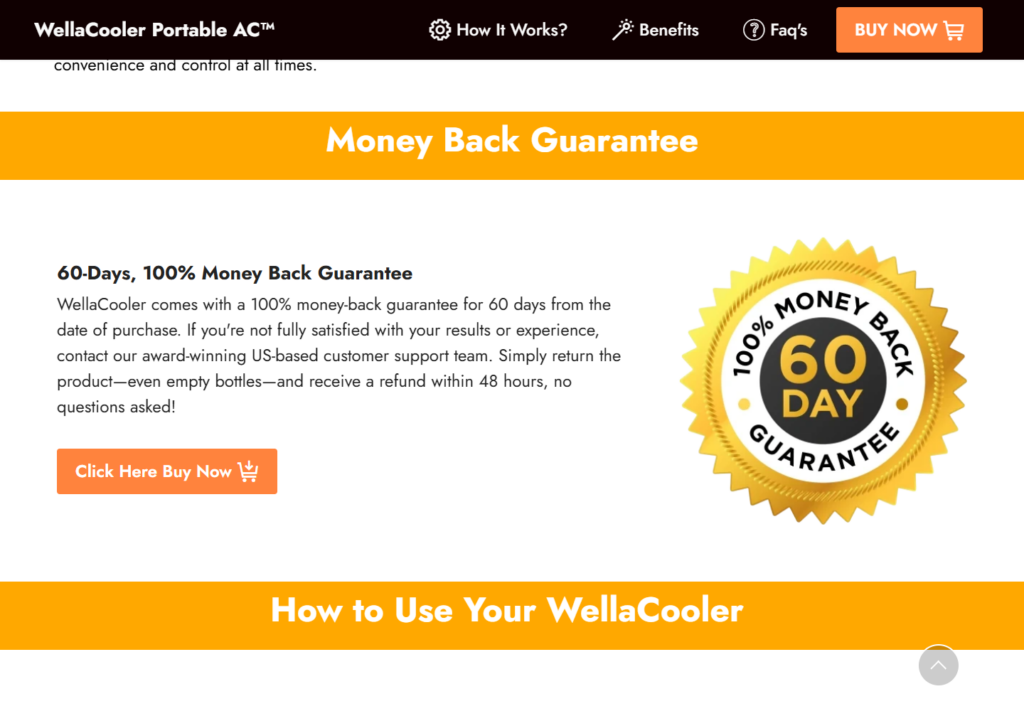 WellaCooler Scam: The Product Changes at Checkout 2 WellaCooler guarantee text referring to empty bottles on an appliance sales page