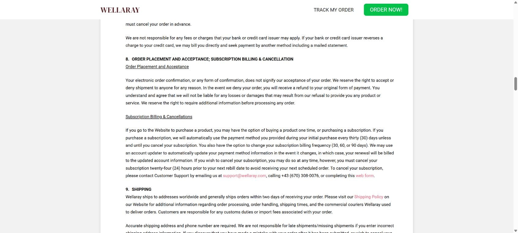 Wellaray Scam Warning: Coffee Booster Claims and Subscription Risks 3 Wellaray terms saying subscriptions may automatically bill the original payment method every 30 days until canceled